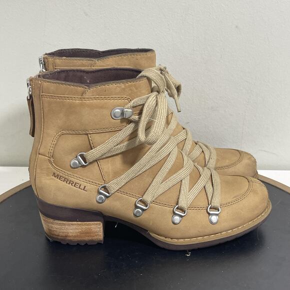 Merrell Boots Womens Size 5 Tan Leather Lace Up Ankle Lug Heel Outdoor J001736 - Picture 1 of 11